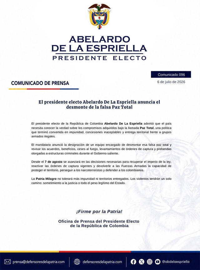 De La Espriella anuncia desmonte de la Paz Total desde el 7 de agosto De La Espriella anuncia desmonte de la Paz Total desde el 7 de agosto
