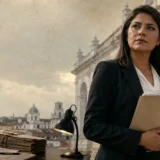 Funcionaria sostiene documentos frente a edificio institucional de Popayán