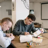 Dos estudiantes universitarios estudian juntos en una mesa con libros, cuadernos y marcadores en un espacio académico.