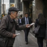 Lotero adulto mayor ofrece billetes en una calle concurrida de Colombia