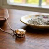 Joya conmemorativa junto a cenizas de cremación sobre una mesa