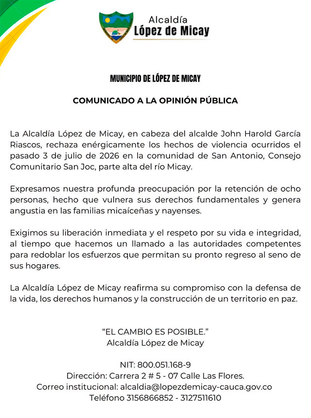 Exigen liberación de 8 personas retenidas en López de Micay Exigen liberación de 8 personas retenidas en López de Micay