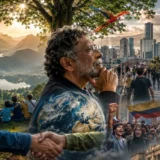 Hombre mayor reflexiona frente a un paisaje que integra naturaleza, ciudad, comunidad, protesta social y símbolos de esperanza.