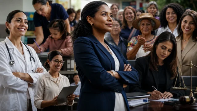 Mujeres servidoras públicas de Colombia en áreas de salud, educación, justicia y gestión comunitaria.