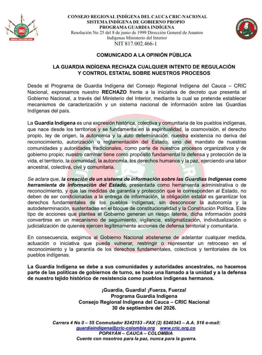 CRIC rechaza proyecto del Gobierno sobre las guardias indígenas CRIC rechaza proyecto del Gobierno sobre las guardias indígenas
