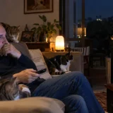 Gustavo Álvarez Gardeazábal observa televisión junto a varios gatos durante un sismo