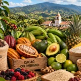 Productos agrícolas de Colombia con café, cacao, aguacate, plátano y frutas