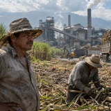 Trabajadores de caña frente a ingenio azucarero del valle del río Cauca