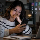Mujer revisa su celular ante riesgos de privacidad digital