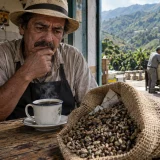 Caficultor observa café pasilla junto a sacos en zona cafetera colombiana
