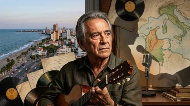 Hombre de cabello canoso sostiene una guitarra junto a discos de vinilo y un paisaje costero.