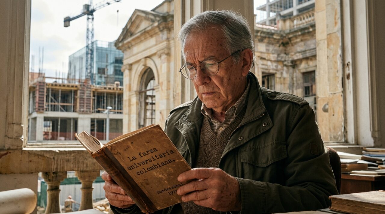 Gardeazabal leyendo el libro La farsa universitaria colombiana entre ruinas y obras