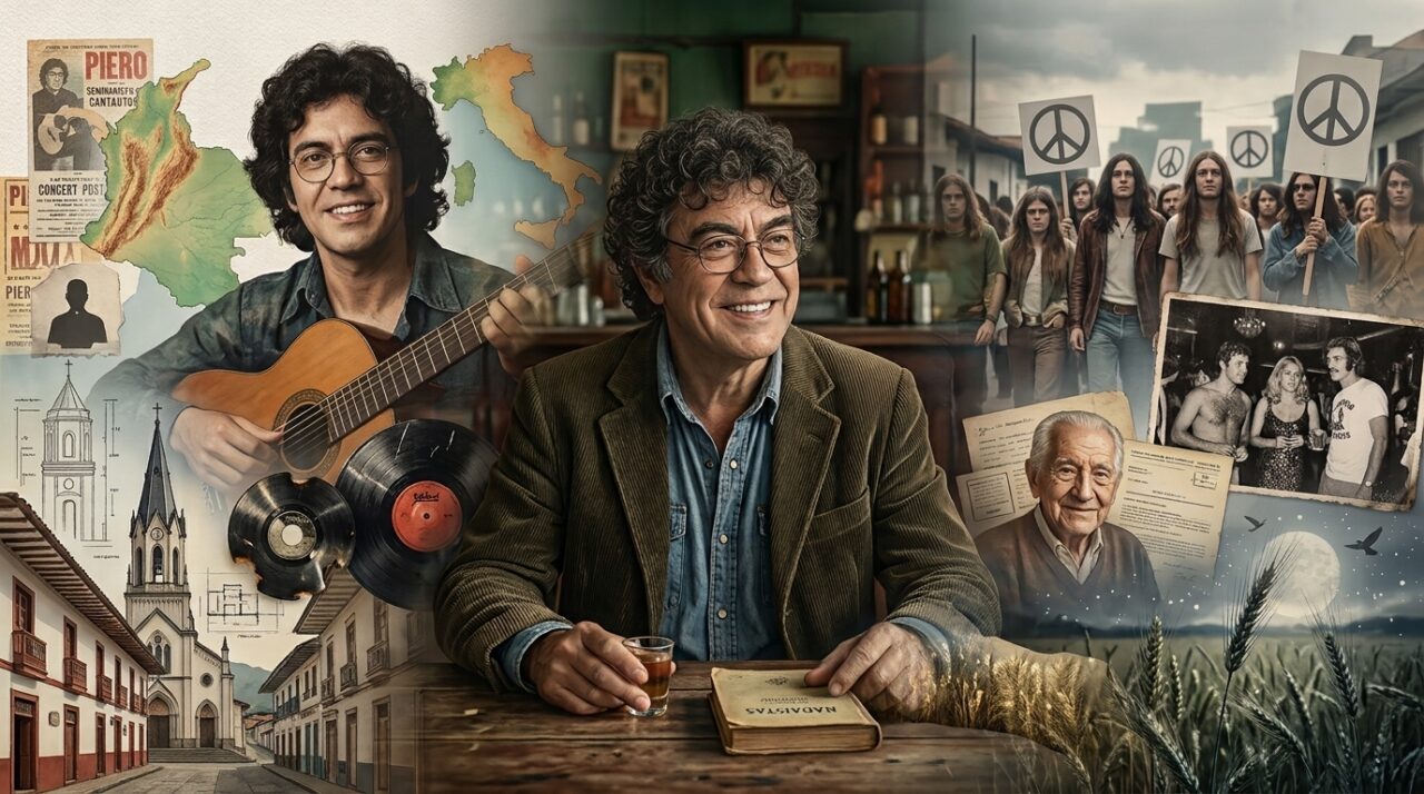 Collage narrativo sobre la vida del cantautor Piero con el mismo en el centro rodeado de sus facetas como joven musico seminarista y activista social
