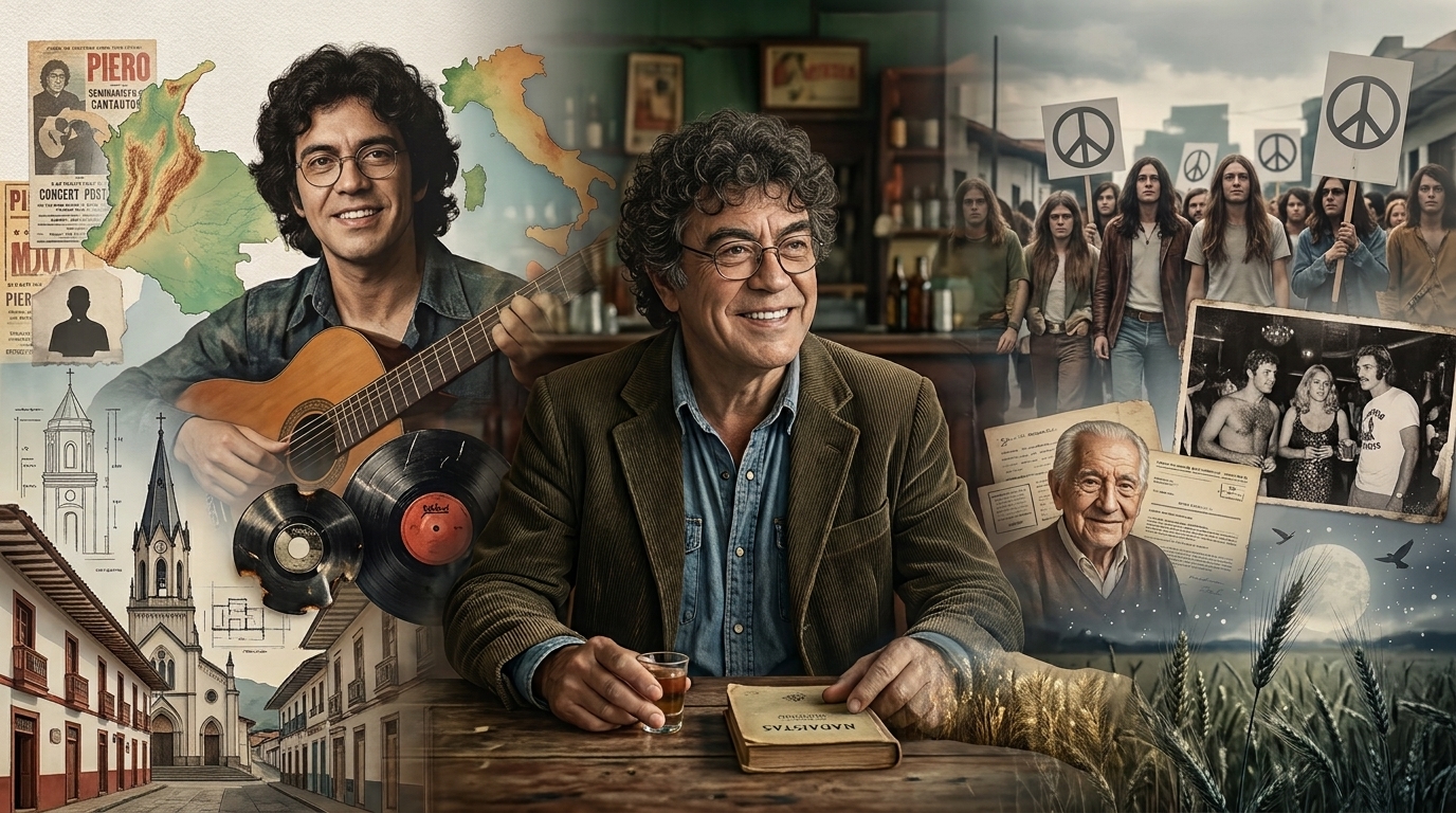 Collage narrativo sobre la vida del cantautor Piero con el mismo en el centro rodeado de sus facetas como joven musico seminarista y activista social