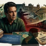 Ilustracion de collage geopolitico de un hombre analizando documentos de BRICS con escenas de Jair Bolsonaro el Cristo Redentor y un tren de carga