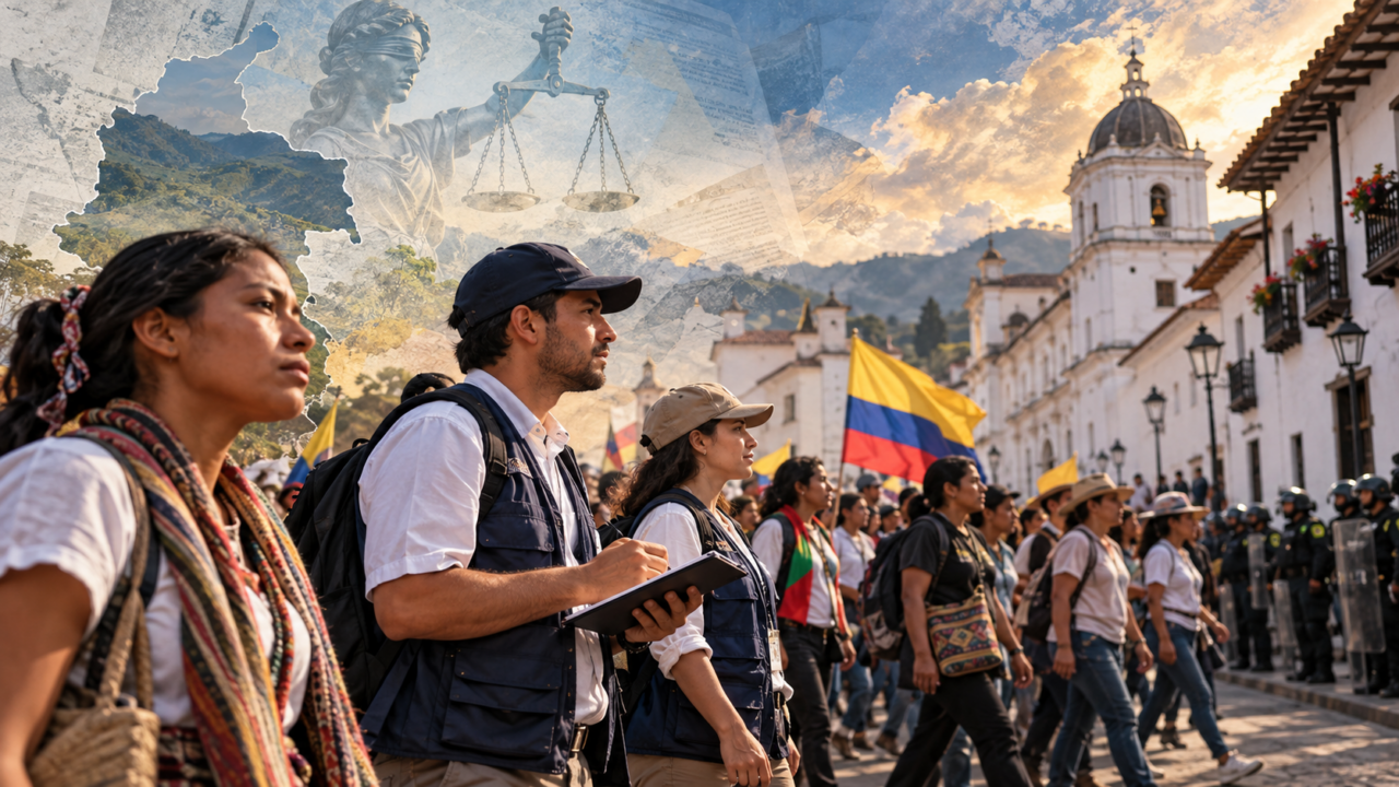 Ilustracion de la Defensoria del Pueblo acompañando las protestas del 14 de octubre en Colombia