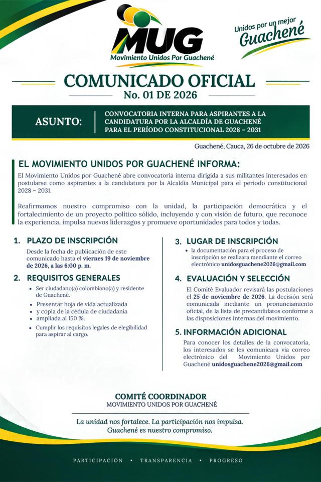 Movimiento Unidos por Guachené abre convocatoria para elegir candidato a la Alcaldía Movimiento Unidos por Guachené abre convocatoria para elegir candidato a la Alcaldía