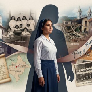 Collage conmemorativo de los 75 años del Colegio Nuestra Señora del Carmen en Popayan mostrando su historia desde 1951 la arquitectura colonial el terremoto de 1983 y su impacto educativo