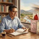 Ilustración estilo acuarela de un hombre escribiendo en un escritorio de madera con vista al río y las montañas, junto a una colección de libros en español.