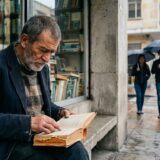 Un hombre mayor con barba y una chaqueta de pana azul está sentado en un banco de piedra frente a una librería, leyendo un libro antiguo.