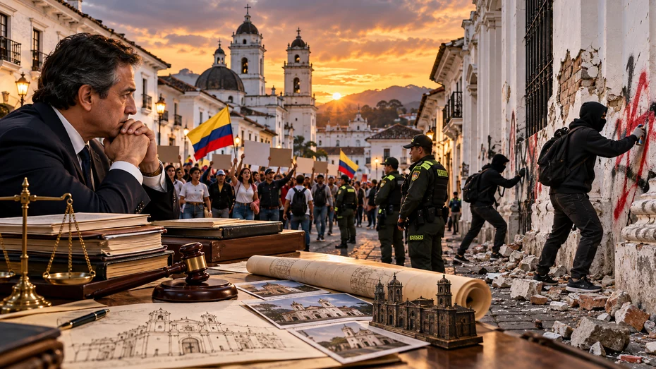 Ilustracion sobre protestas grafitis y proteccion del patrimonio historico de Popayan