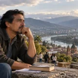Hombre reflexiona frente a un paisaje andino ilustración sobre las contradicciones humanas