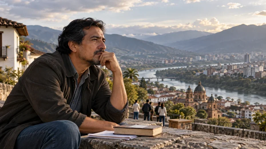 Hombre reflexiona frente a un paisaje andino ilustración sobre las contradicciones humanas