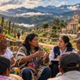 Joven investigadora analiza plantas con un microscopio en un entorno natural del Cauca