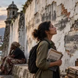 Mujer observa un muro antiguo con imagenes de memoria y violencia.