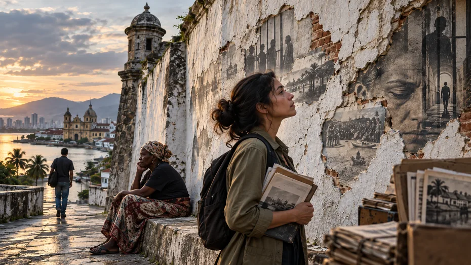 Mujer observa un muro antiguo con imagenes de memoria y violencia.