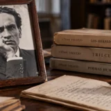 Retrato ilustrativo de César Vallejo junto a sus obras Trilce y Los heraldos negros