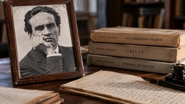 Retrato ilustrativo de César Vallejo junto a sus obras Trilce y Los heraldos negros
