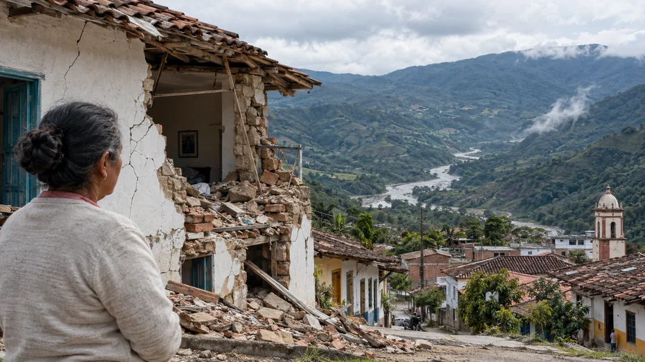 Mujer contempla una vivienda deteriorada frente a un paisaje montañoso