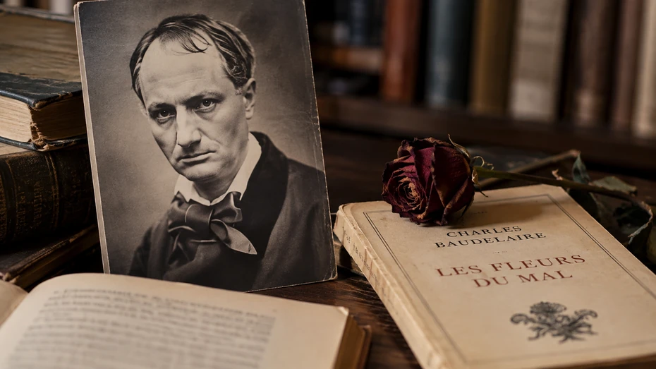 Retrato ilustrativo de Charles Baudelaire junto a su libro Las flores del mal