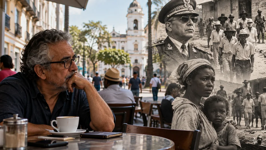 Hombre reflexiona frente a una taza de cafe en una composicion sobre memoria censura y autoritarismo