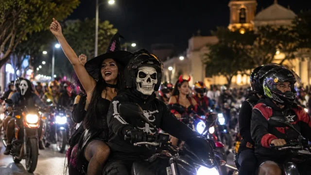 Motociclistas disfrazados de personajes de Halloween participan en una caravana nocturna por las calles de una ciudad colombiana