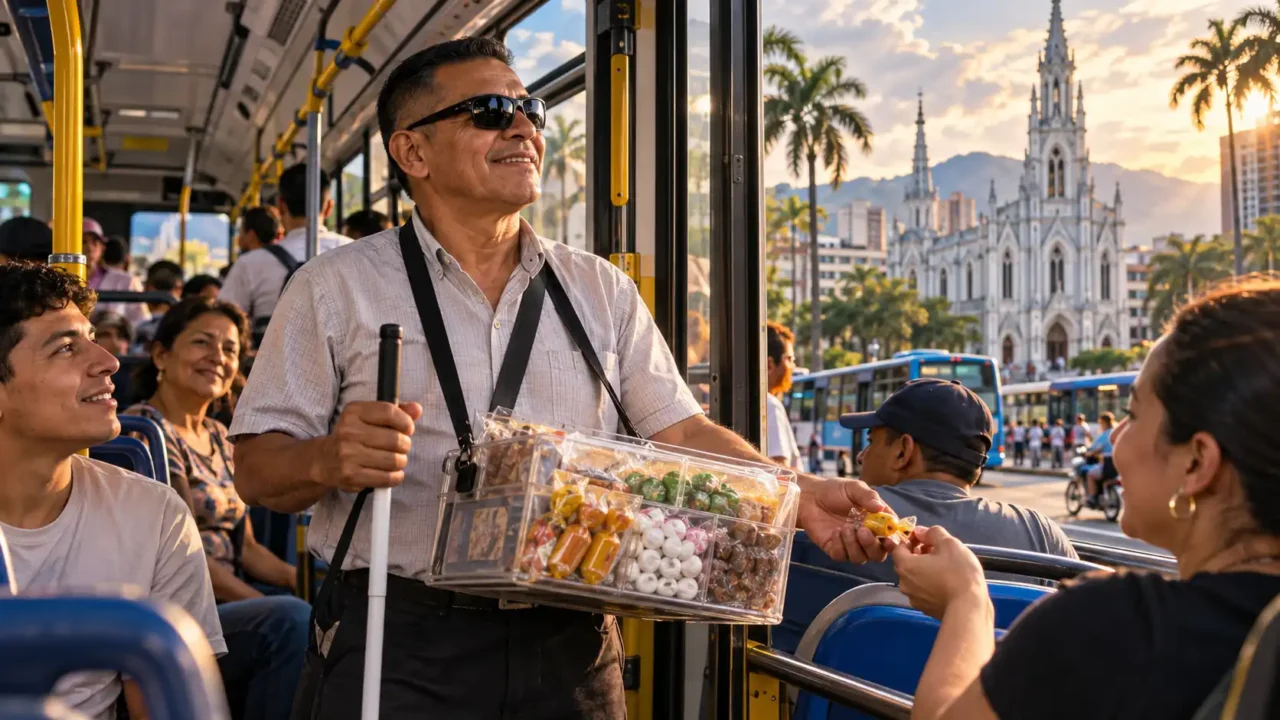 Ilustracion de Mario Gil Vallejo vendedor con discapacidad visual ofreciendo dulces en un bus de Cali