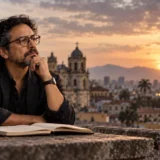 Hombre reflexionando ante una ciudad al atardecer representacion visual del nihilismo