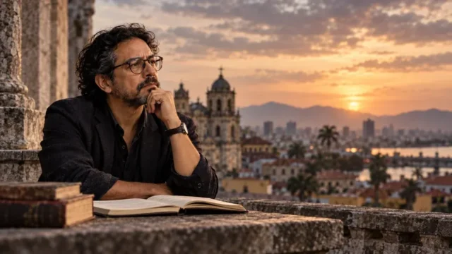Hombre reflexionando ante una ciudad al atardecer representacion visual del nihilismo