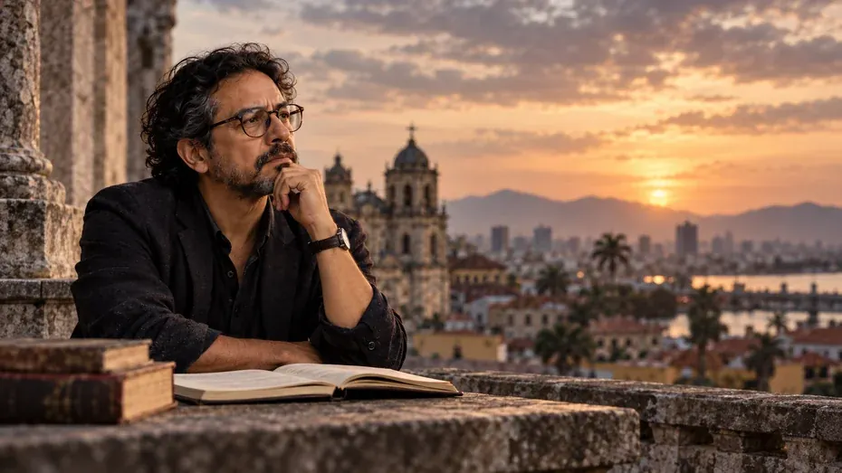 Hombre reflexionando ante una ciudad al atardecer representacion visual del nihilismo