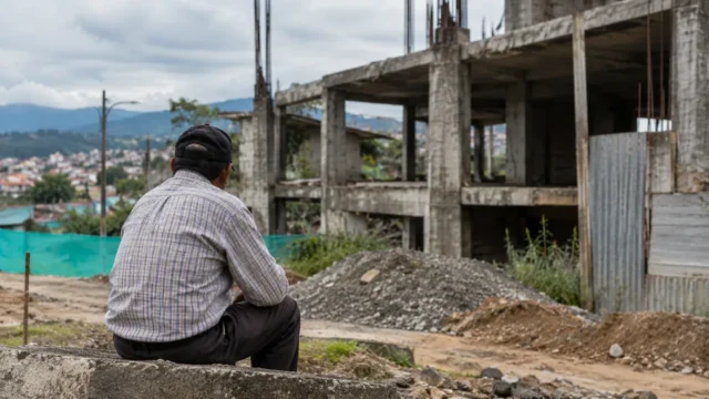 Hombre observa una construccion inconclusa en una escena sobre vigilancia de recursos publicos en el Cauca
