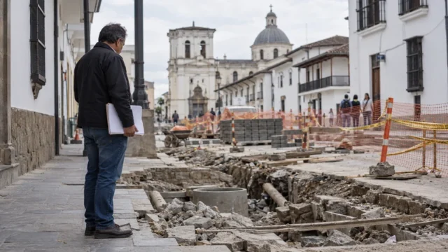 Persona observa una obra pública intervenida en un entorno urbano de arquitectura colonial.