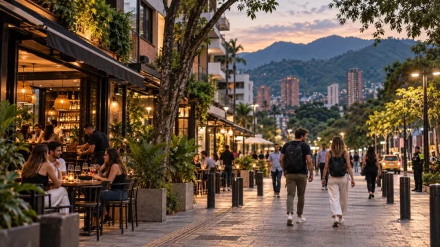 Recreacion de turistas caminando por una zona de restaurantes en Medellin