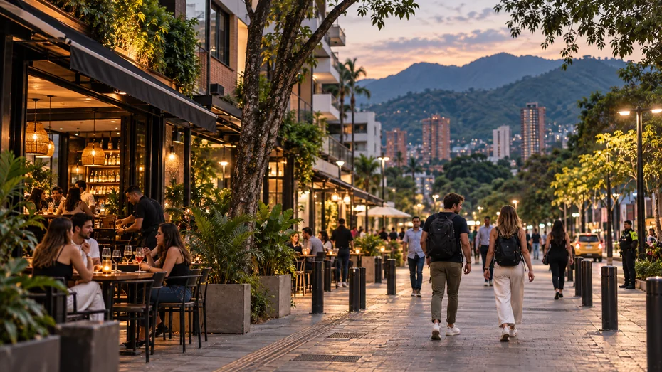 Recreacion de turistas caminando por una zona de restaurantes en Medellin