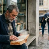 Un hombre mayor con barba y una chaqueta de pana azul está sentado en un banco de piedra frente a una librería, leyendo un libro antiguo.