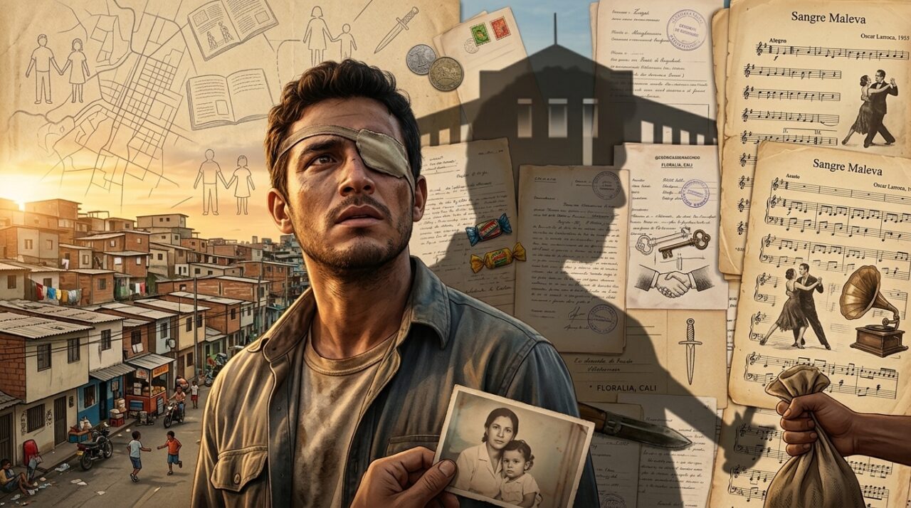 Imagen editorial de un hombre pensive con parche en el ojo sosteniendo una foto familiar y un saco de dinero con un fondo de favela y documentos