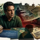 Ilustracion de collage geopolitico de un hombre analizando documentos de BRICS con escenas de Jair Bolsonaro el Cristo Redentor y un tren de carga