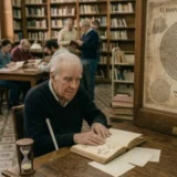 Retrato de Jorge Luis Borges ciego en una biblioteca, tocando páginas de un libro abierto con braille, con un mapa de laberinto y un reloj de arena cerca