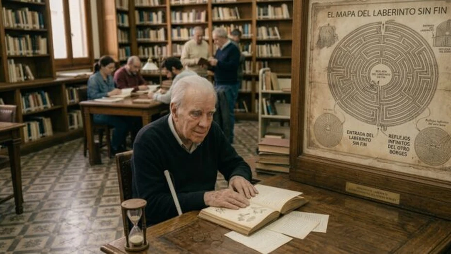 Retrato de Jorge Luis Borges ciego en una biblioteca, tocando páginas de un libro abierto con braille, con un mapa de laberinto y un reloj de arena cerca
