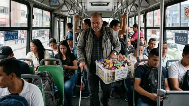 Ilustracion de Mario Gil Vallejo vendedor con discapacidad visual ofreciendo dulces en un bus de Cali